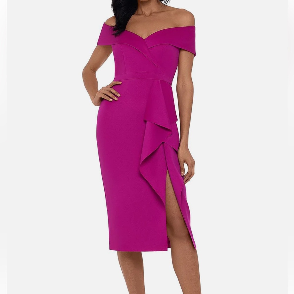 Xscape Ruffle Scuba Off the Shoulder Cocktail Midi Dress in Fuchsia